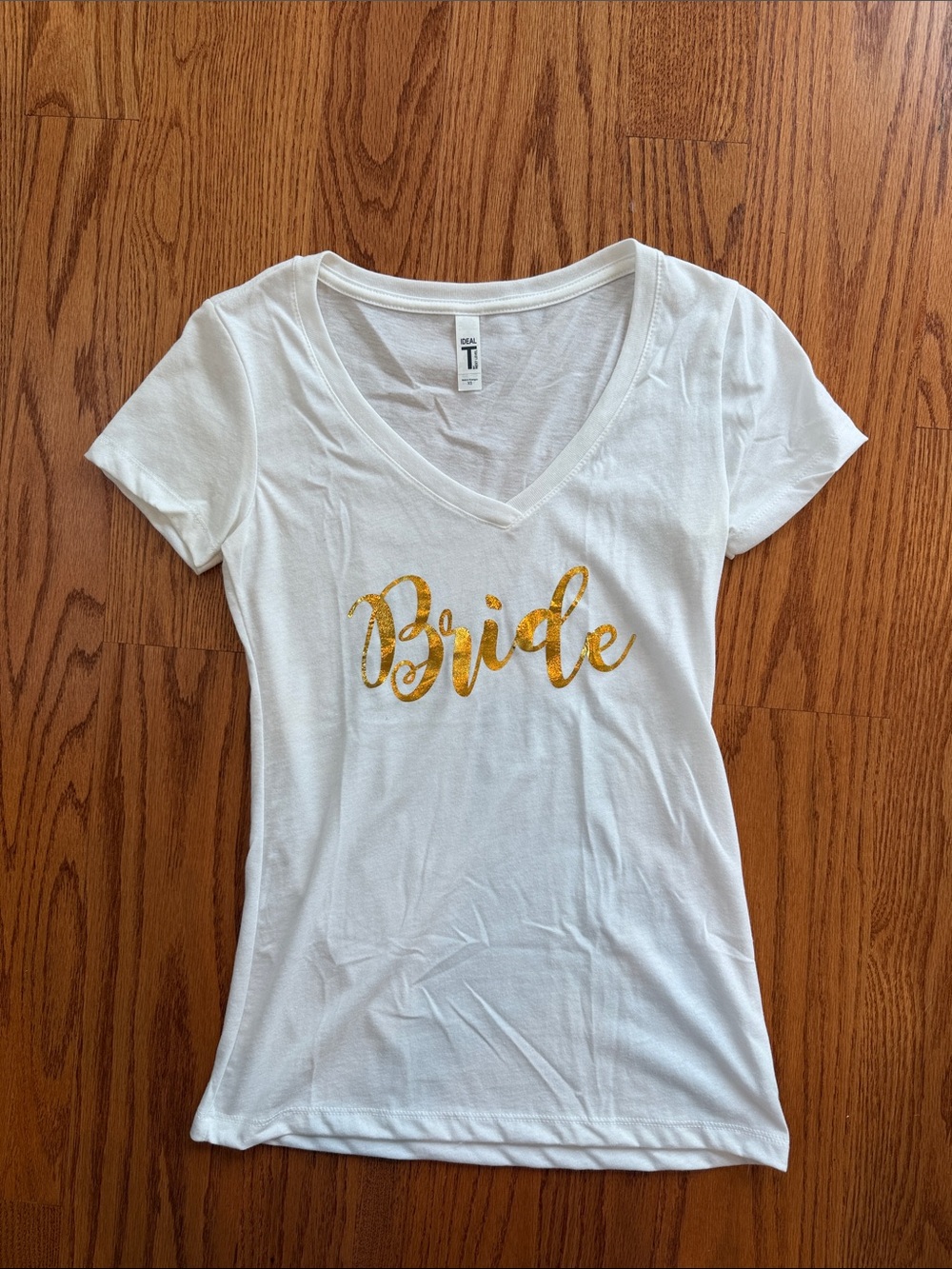 Bride V-Neck White Tee with Gold Foil Script XS